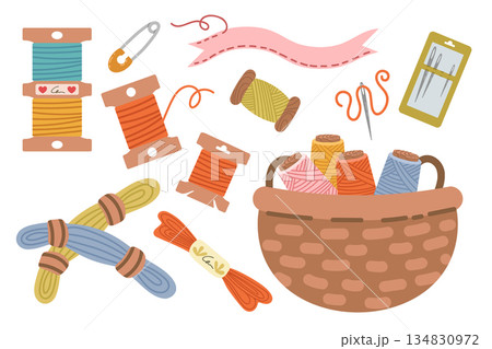 Sewing kit, a collection of hand-drawn, flat-style sewing tools and accessories. Threads, needles, and fabric 134830972