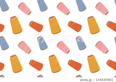 Seamless pattern with a sewing kit, a collection of sewing tools and accessories, hand-drawn in a flat style. Ornament with threads. For crafts and hobbies. Seamless pattern with a sewing kit, a collection of sewing tools and accessories, hand-drawn in a flat style. Ornament with threads. For crafts and hobbies. 134830981