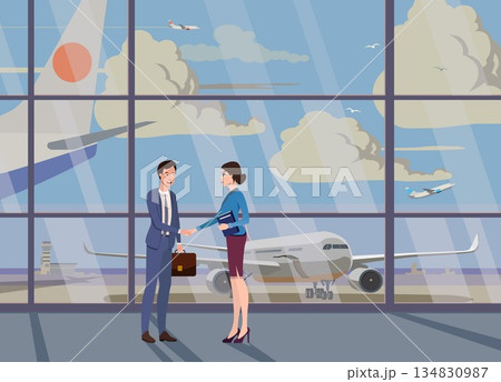 Business meeting at the airport against the backdrop of an airfield with airplanes. Vector. 134830987