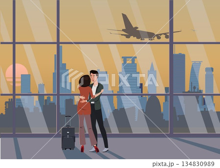 A guy hugs a girl at an airport against the backdrop of skyscrapers and an airplane. Vector. 134830989