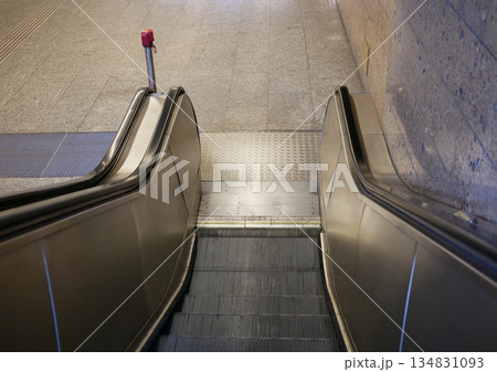 Empty Escalator in Subway Station, Urban Underground Transport Empty Escalator in Subway Station, Urban Underground Transport 134831093