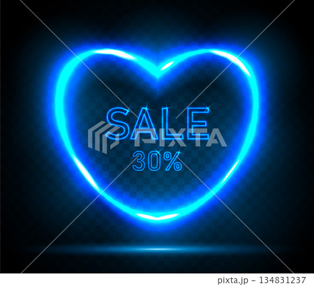 Blue neon heart-shaped frame with the text sale on a dark background. 134831237