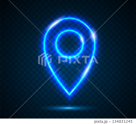 Neon map pin on a transparent dark blue background. A glowing neon marker with a contour pointer map pin. 134831245