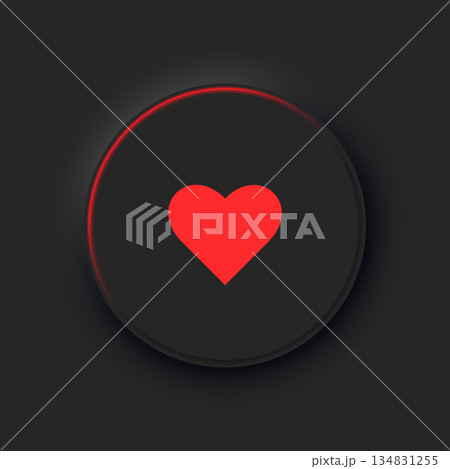 A round black button with a red heart symbol. A heart-shaped vector icon in a fashionable neomorphic style. 134831255