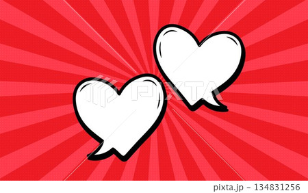 Two heart-shaped speech bubbles in retro comic style on a red background. 134831256