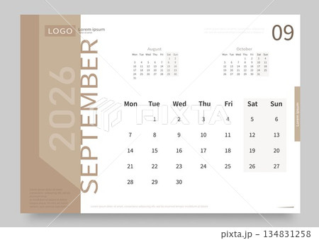 The calendar for September 2026 is white and beige. The layout of the calendar for September 2026 with the date of the beginning of the week on Monday. The calendar for September 2026 is white and beige. The layout of the calendar for September 2026 with the date of the beginning of the week on Monday. 134831258