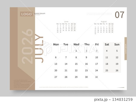 The calendar for July 2026 is white and beige. The layout of the calendar for July 2026 with the date of the beginning of the week on Monday. The calendar for July 2026 is white and beige. The layout of the calendar for July 2026 with the date of the beginning of the week on Monday. 134831259