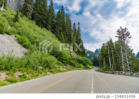 Road leads to Diablo lake with mountain landscape. Landscape of mountain and road. Travel destination. Landscape route to North Cascades National Park. Scenic nature. North Cascades nation park 134831436