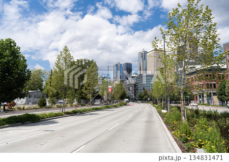 Seattle, Washington, USA, July 26, 2024: Travel destination. Cityscape with urban street. Road way on the street. Destination route of Seattle city. Urban cityscape. City road to Seattle Seattle, Washington, USA, July 26, 2024: Travel destination. Cityscape with urban street. Road way on the street. Destination route of Seattle city. Urban cityscape. City road to Seattle 134831471