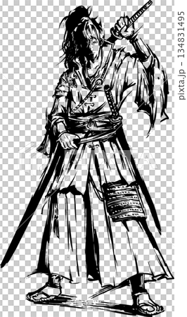 Sumi-e illustration of a young samurai in Japanese clothing 134831495