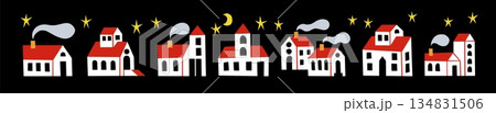 Town house. Small home building, abstract doodle village or old sketch flat urban apartments, roof and windows. Real estate logo. Childish elements for nursery. Vector cartoon illustration 134831506