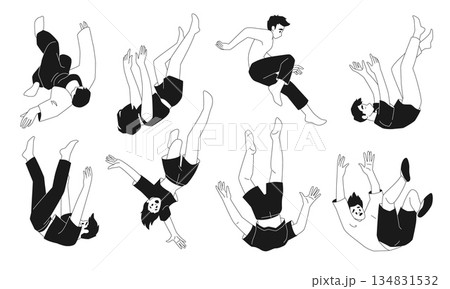 Fall person. People character fly down, man and woman jump. Diverse air failure, crash moving accident. Unbalanced scared girl, zero gravity boy. Vector design, doodle isolated illustration 134831532