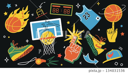 Doodle basketball. Retro basket and ball. Sport competition. Comic whistle game with cup scoreboard. Athletic playground. Streetball sneaker. Team tournament. Vector cartoon elements set 134831536