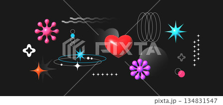 3D objects. Abstract shapes composition. Glossy plastic icon. Halftone dots or line forms collage. Trendy acid sticker. Retro geometric digital button. Art banner design. Vector background 134831547