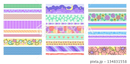 Washi tape. Scrapbook sticker elements. Cute paper sketch or color sticky note. Border stripe with flowers and geometric abstract ornament. Plaster patterns. Decorative ribbons vector set 134831558