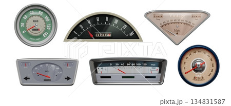 Retro speedometer. Vintage car meter. Dashboard logo or automobile mph speed tool. Scale display. Motorcycle tachometer. Measurement instrument. Vector realistic odometer indicators set 134831587