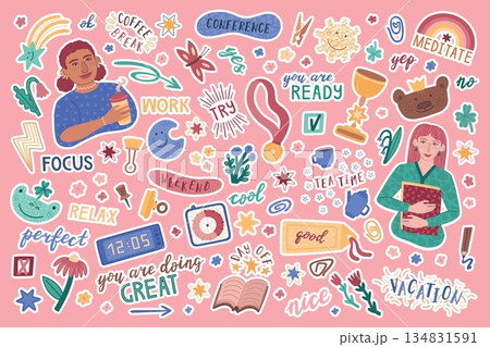 Cute stickers. School scrapbook journal. Memo paper planner labels with phrase and funny icons. Girl diary note in agenda calendar. Deadline reminder tag. Vector notebook patches set Cute stickers. School scrapbook journal. Memo paper planner labels with phrase and funny icons. Girl diary note in agenda calendar. Deadline reminder tag. Vector notebook patches set 134831591