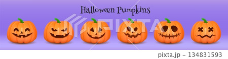 Halloween pumpkins. 3d face emoji render glossy isolated elements, happy smile character or decorative fear emotions. Cute autumn evil jack lantern. Orange spooky carved vegetable. Vector set 134831593
