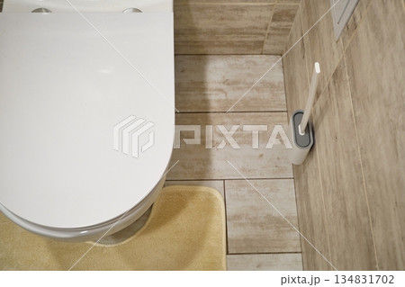 Modern toilet bowl with closed lid and cleaning brush in tiled bathroom 134831702