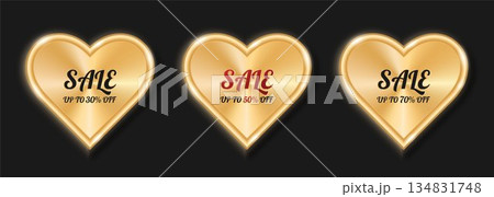 A set of golden hearts with the inscription sale. A set of golden hearts with the inscription sale. 134831748