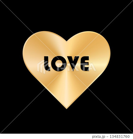 A metallic golden heart with the word love on a black background. A metallic golden heart with the word love on a black background. 134831760