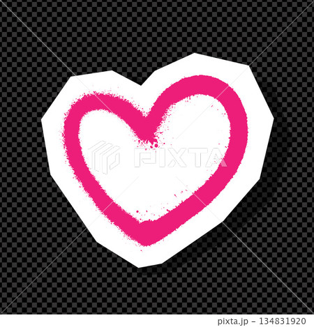 Pink spray-painted heart on white paper cutout with transparent background. 134831920
