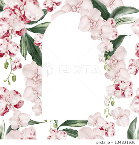 Wedding invitation card with pink orchid flowers and leaves. 134831936