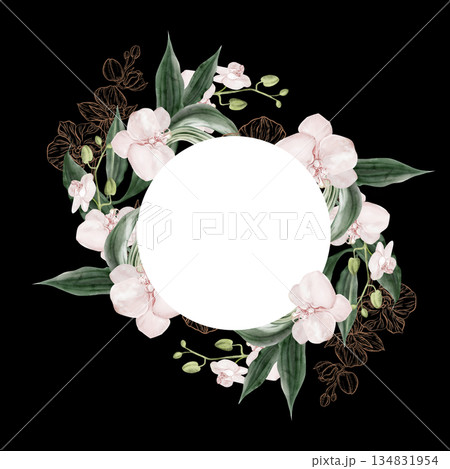 Wedding invitation wreath with pink orchid flowers leaves. 134831954