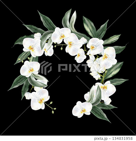 Wedding wreath with white flowers and green orchid leaves. Wedding wreath with white flowers and green orchid leaves. 134831958