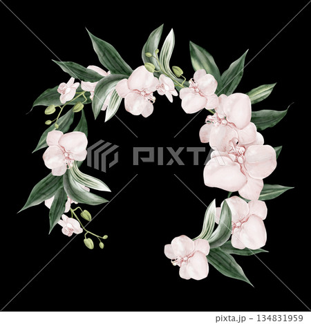 Wedding invitation wreath with pink orchid flowers leaves. Wedding invitation wreath with pink orchid flowers leaves. 134831959