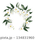 Wedding wreath with white flowers and green orchid leaves. 134831960