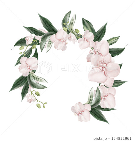 Wedding invitation wreath with pink orchid flowers leaves. Wedding invitation wreath with pink orchid flowers leaves. 134831961
