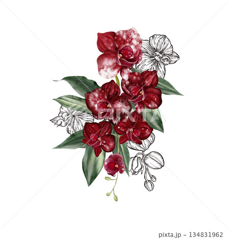 Wedding bouquet with orchid flowers and green leaves. Wedding bouquet with orchid flowers and green leaves. 134831962