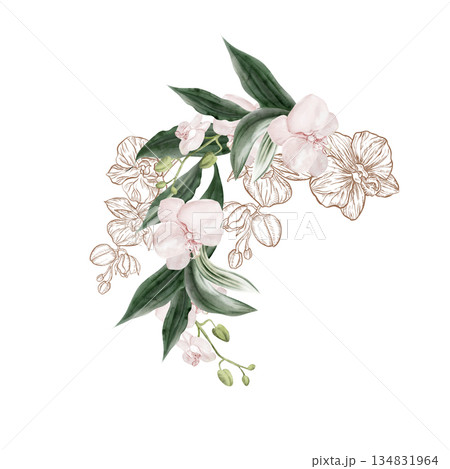 Wedding invitation wreath with pink orchid flowers leaves. Wedding invitation wreath with pink orchid flowers leaves. 134831964