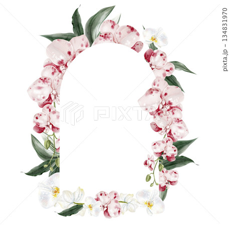 Wedding invitation card with pink orchid flowers and leaves. Wedding invitation card with pink orchid flowers and leaves. 134831970