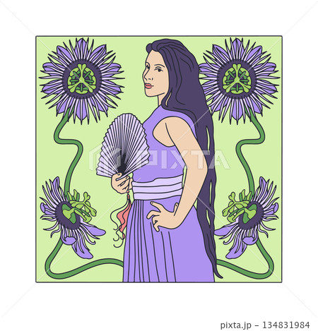 Art nouveau style beautiful long hair woman with fan and passiflora flowers frame. Vintage pretty girl and floral border poster 134831984