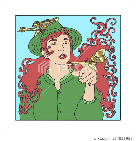 Art nouveau style beautiful long red hair woman and silkmoths. Vintage black ink pretty girl and butterflies poster 134831985