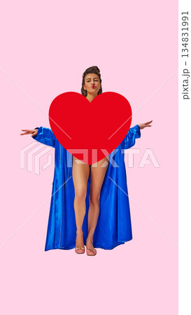 Bold poster of woman hiding body behind red heart symbol. Bold poster of woman hiding body behind red heart symbol. 134831991
