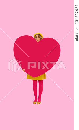 Whimsical collage with woman peeking from heart. Whimsical collage with woman peeking from heart. 134832021