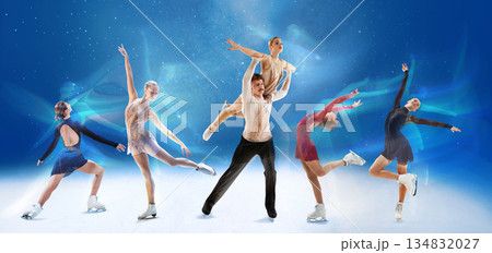 Figure skating collage with group performance and motion elements on ice Figure skating collage with group performance and motion elements on ice 134832027