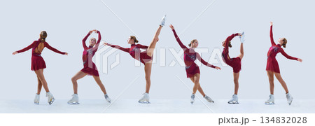 Figure skating composition with female skater in graceful ice choreography 134832028
