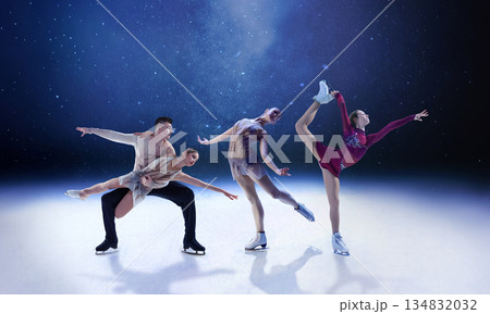 Figure skating performance collage with athletes posing on ice rink. Figure skating performance collage with athletes posing on ice rink. 134832032