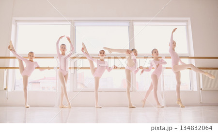 Group of young ballet dancers practicing flexibility exercises at barre. 134832064