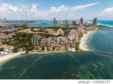 Miami cityscape with luxury skyscrapers and ocean. Panoramic view of Miamis famous skyline. Miami Beach from above. Miami skyline from top. Aerial cityscape of Miami, Florida. 134832137