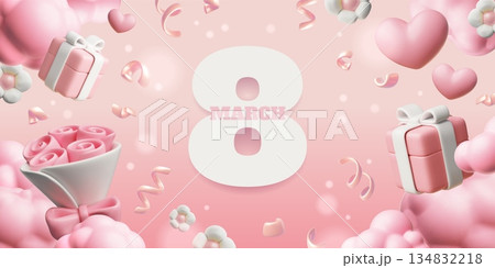 Women's day greeting 3D banner vector design, decorative number 8 March with blossom flowers, gift box, hearts in clouds Women's day greeting 3D banner vector design, decorative number 8 March with blossom flowers, gift box, hearts in clouds 134832218