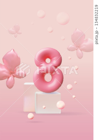 Women's day 3D poster vector design, decorative number 8 March on the podium with butterflies from inflatable balloons Women's day 3D poster vector design, decorative number 8 March on the podium with butterflies from inflatable balloons 134832219