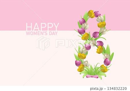A festive 3D banner for International Women's Day featuring a number 8 made of tulips. A festive 3D banner for International Women's Day featuring a number 8 made of tulips. 134832220