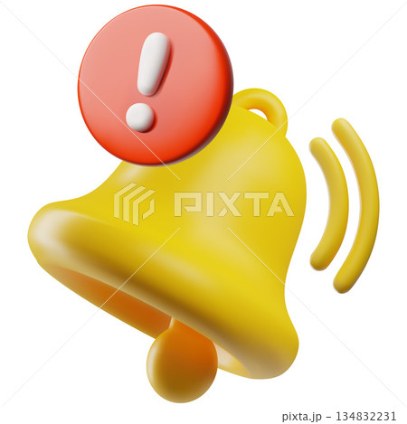 3D yellow bell with a red exclamation mark, isolated icon. 3D yellow bell with a red exclamation mark, isolated icon. 134832231