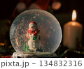 Snow Globe with Snowman and Christmas Tree in Warm Candlelit Holiday Setting 134832316