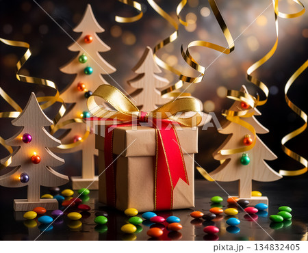 Golden Bow Gift Box Surrounded by Stylized Trees, Candy and Hanging Streamers with Soft Lights 134832405